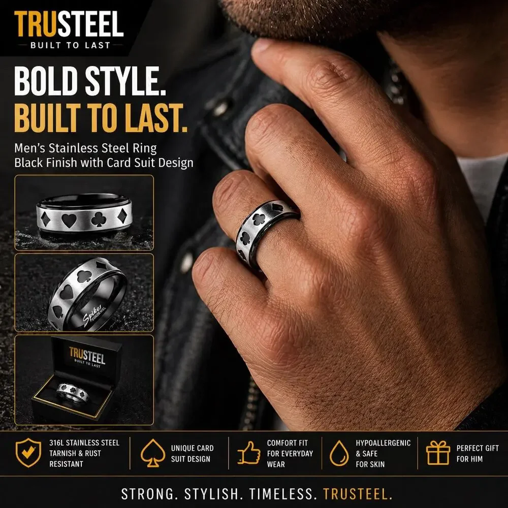 A Steel Poker Card Shape Cut Out‎ Center Two Tone Black Stainless Steel Ring